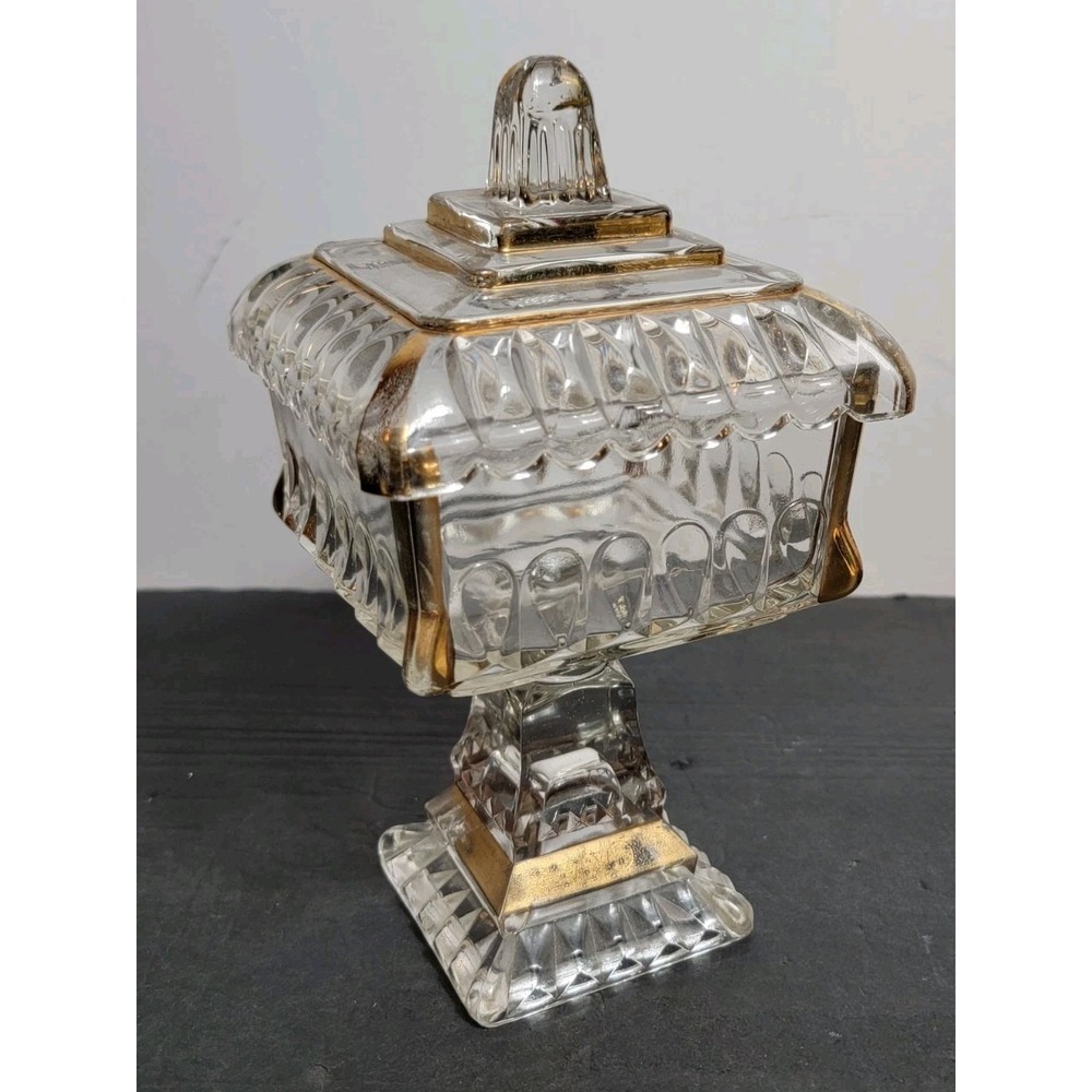 Jeannette American Sweetheart Glass Candy Dish Wedding Cake Box Gold Trim 1950s